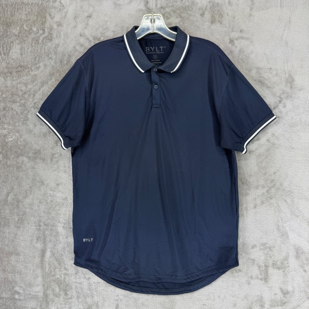 BYLT Premium Basics Mens Drop-Cut SS Polo Shirt Navy Blue White Trim‎ Size M